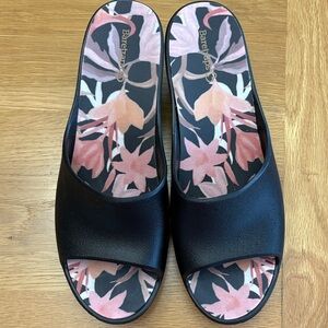 Bare Trap Black and Pink Floral Mules